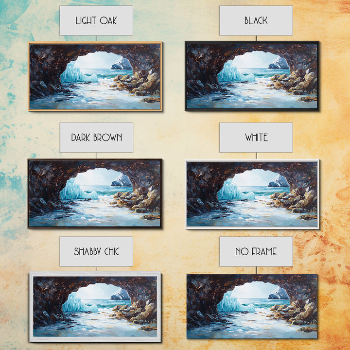 Coastal Ice Cave, Canvas Print, seascape painting, nautical decor, blue and green wall art, landscape painting, extra wide art