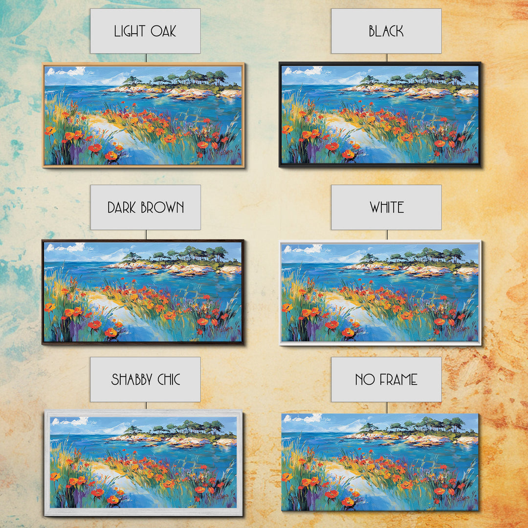 Coastal Poppies, Framed Canvas Print, California poppy art, coastal painting, wildflower painting, seascape art, above bed wall art