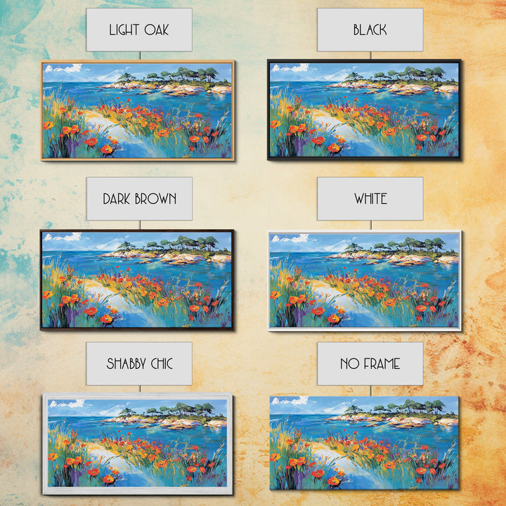 Coastal Poppies, Framed Canvas Print, California poppy art, coastal painting, wildflower painting, seascape art, above bed wall art