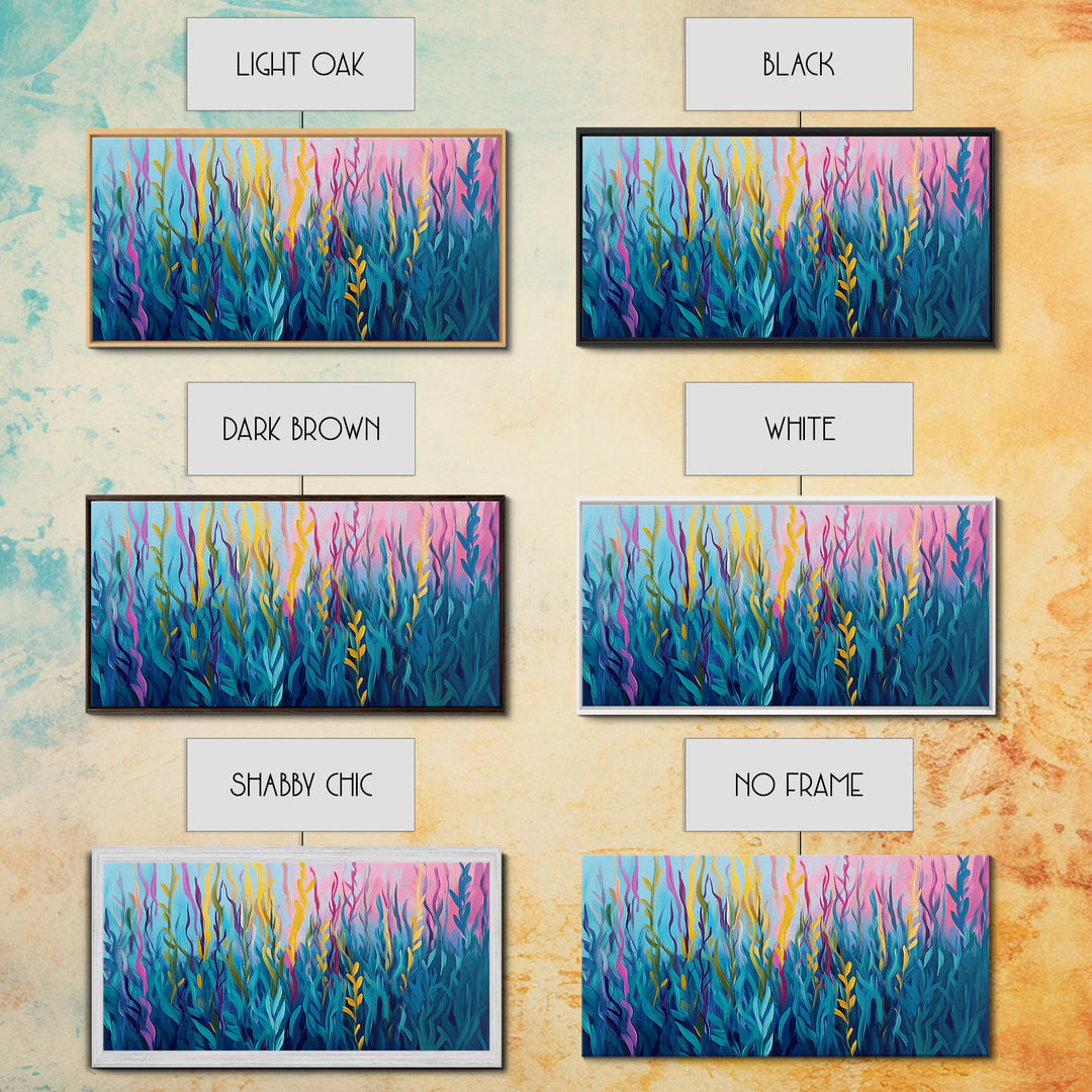 Abstract Seaweed, Framed Canvas Print, ocean art, botanical prints, teal wall art, pink abstract art, extra wide art, coastal decor
