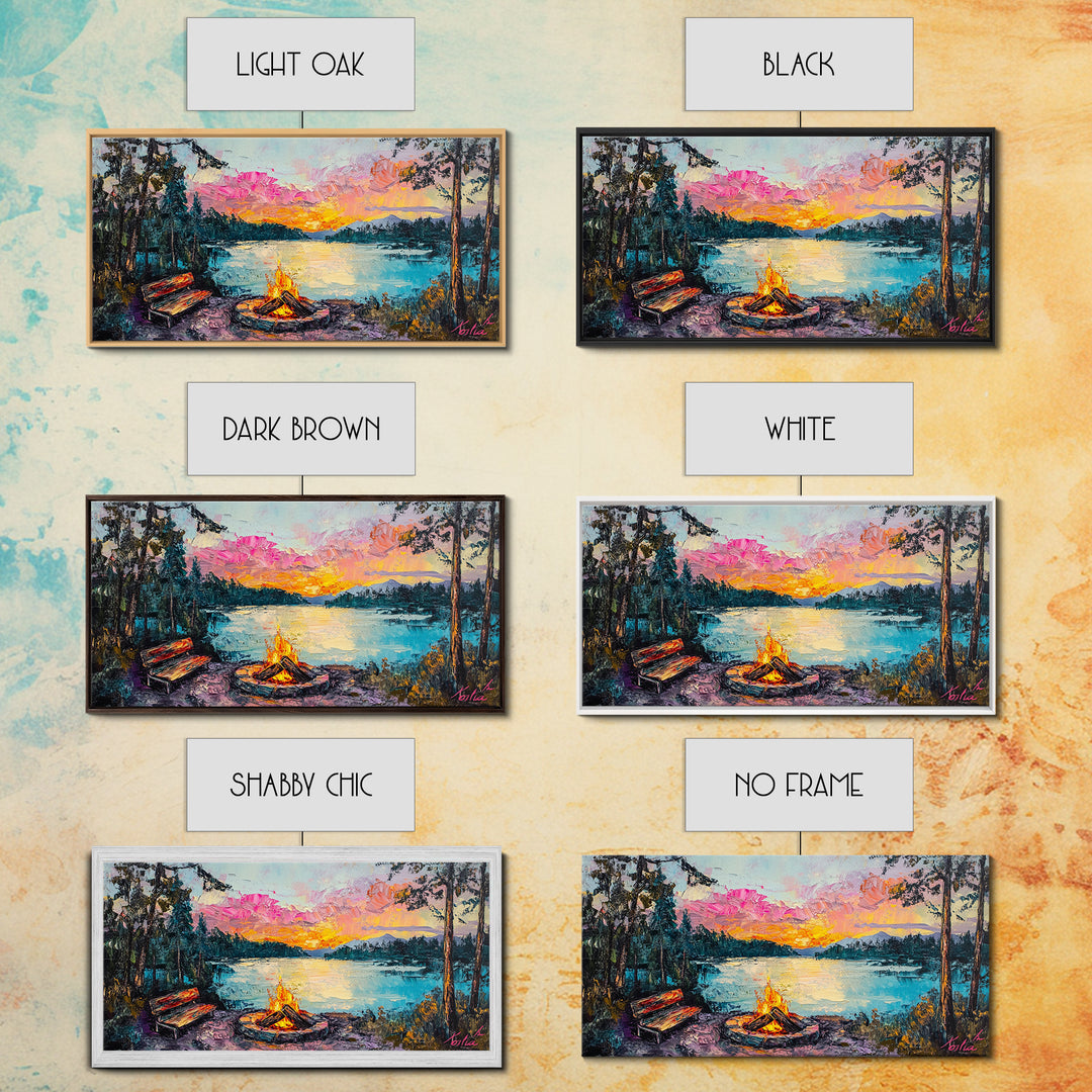 Campfire by Lake, Mountain Painting, Landscape Art, Moody Art, Framed Canvas Print, Above Sofa Art, Wabi Sabi Art, Rustic Decor