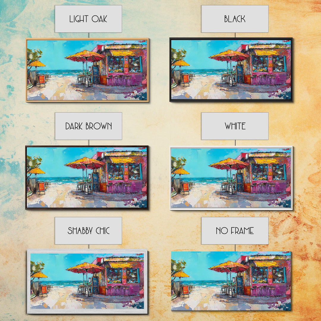 Beach Bar, Coastal Landscape Art, Tropical Art, Nautical Wall Art, Ocean Painting, Extra Wide Art, Framed Canvas Print, Rustic Wall Art