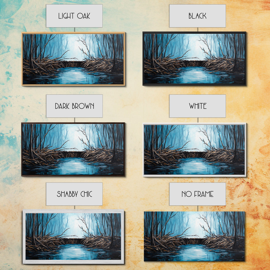 Beavers, river, landscape painting, extra wide art, panoramic painting, moody art, framed canvas print, rustic wall art, bedroom art