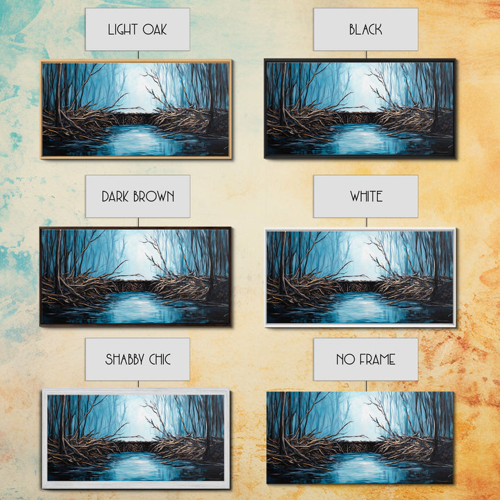 Beavers, river, landscape painting, extra wide art, panoramic painting, moody art, framed canvas print, rustic wall art, bedroom art