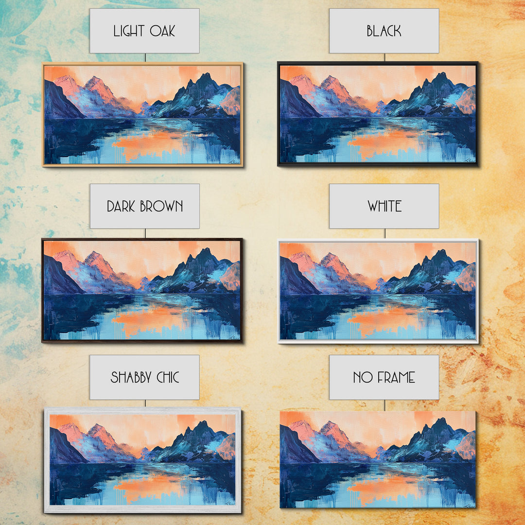 Twilight Peaks, pink orange wall art, framed canvas print, panoramic painting, above sofa art, extra wide art, landscape painting