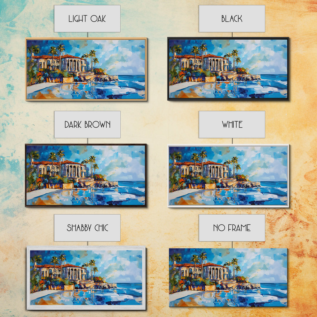 Coastal Mansion, Palm Trees, Panoramic Art, Framed Canvas Print, Coastal Landscape Art, Tropical Decor, Extra Wide Art, Living Room Art