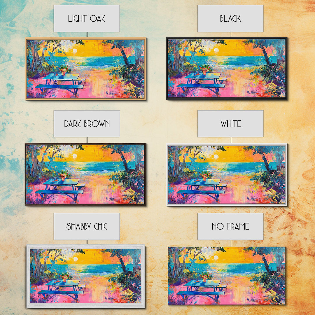 Coastal landscape art, framed canvas print, extra wide art, vibrant sunset painting, tropical beach decor, ocean waves, panoramic art