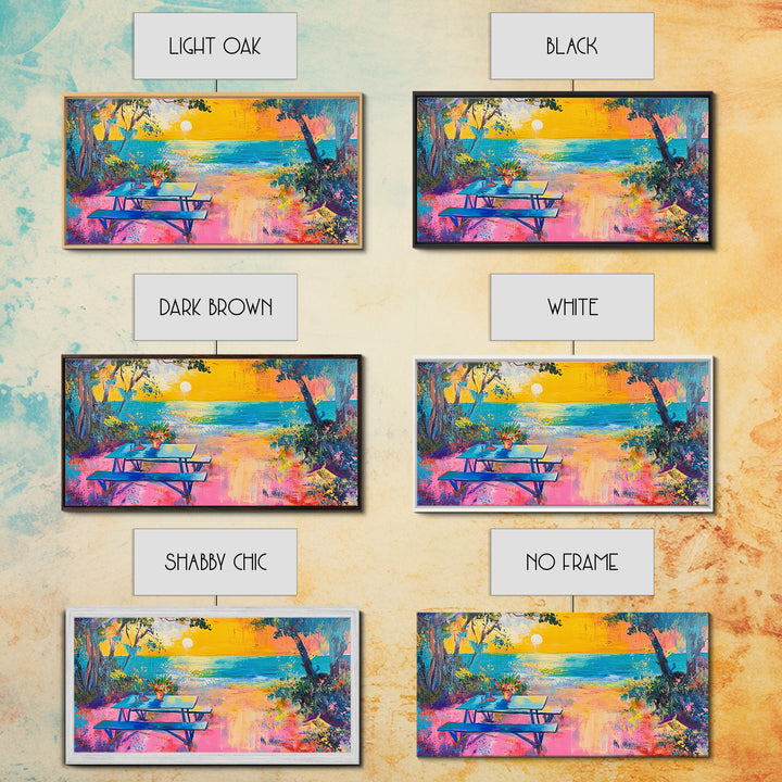 Coastal landscape art, framed canvas print, extra wide art, vibrant sunset painting, tropical beach decor, ocean waves, panoramic art