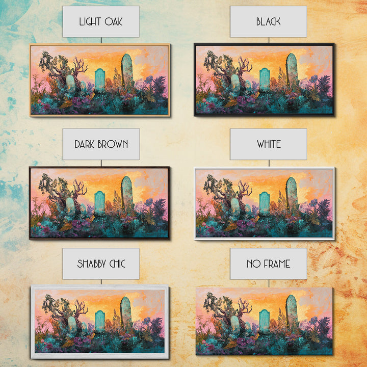 Dark romance painting, gothic art, framed canvas print, extra wide art, Halloween decor, whimsical art, spooky graveyard painting