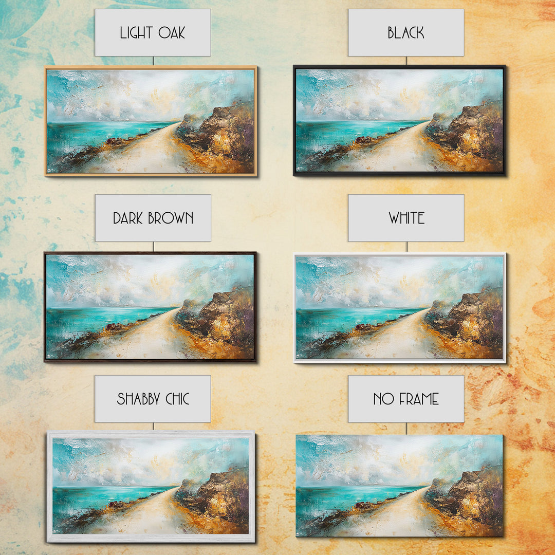 Coastal decor, framed canvas print, extra wide art, nautical wall art, beach road painting, rustic landscape, panoramic art