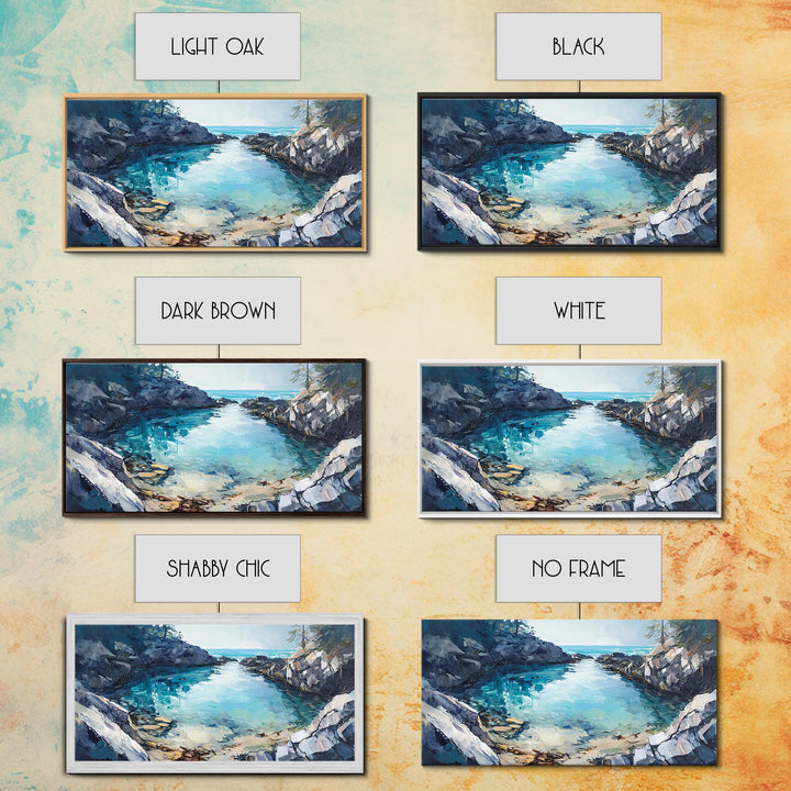 Rocky Coastal Cove, Maine oil painting, nautical decor, seascape painting, extra wide art, above bed wall art, Canvas Print