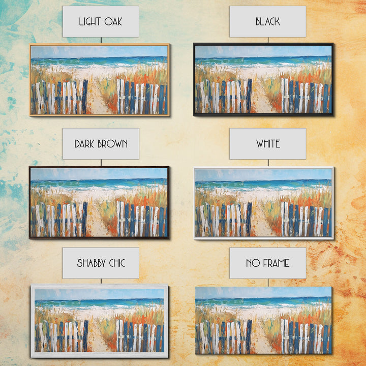 Beach Fence, coastal painting, framed canvas print, nautical decor, seascape painting, blue and green wall art, extra wide art