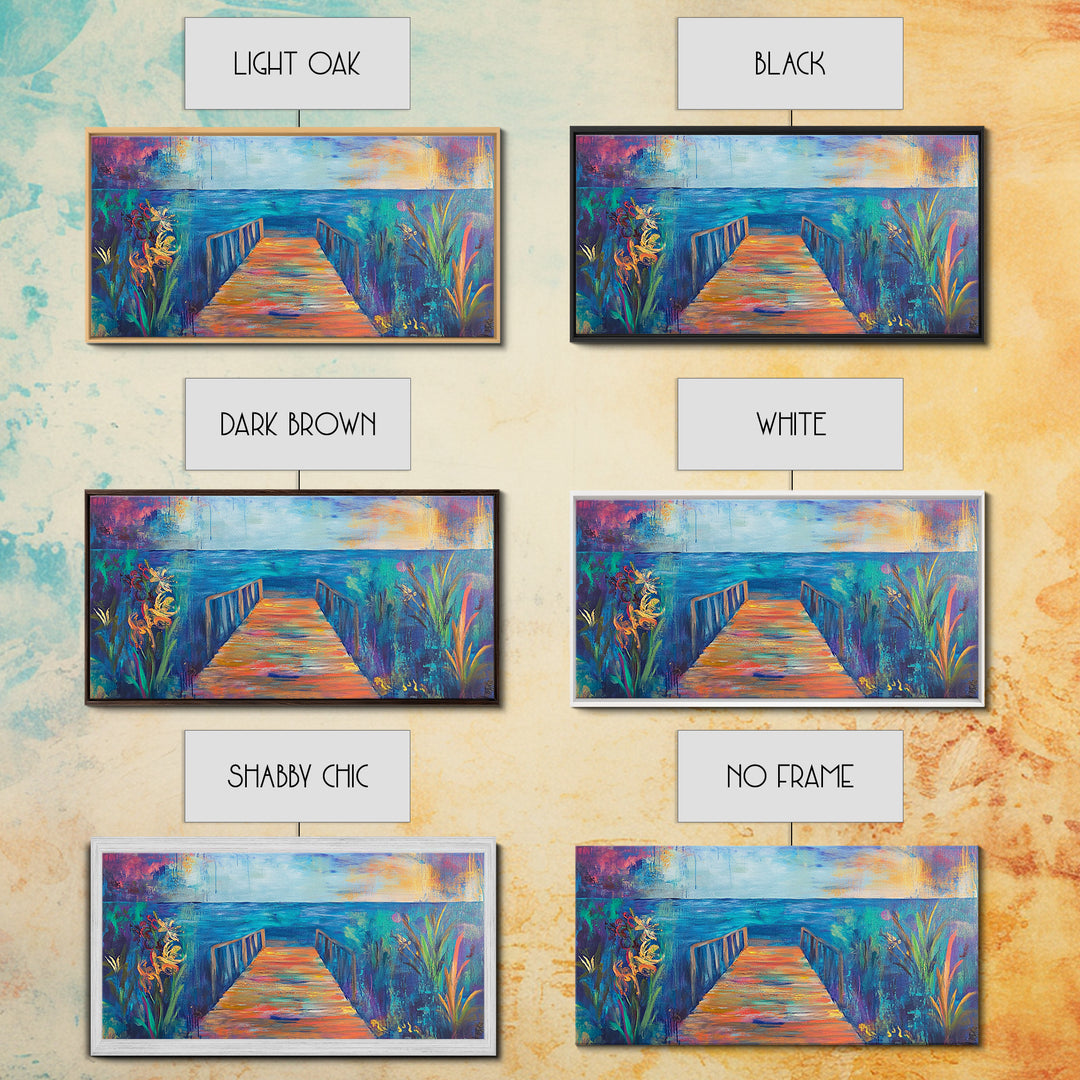 Dock, ocean sunset, coastal painting, coastal landscape art, nautical decor, seascape painting, framed canvas print, above bed wall art