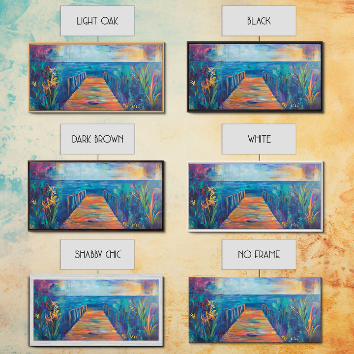 Dock, ocean sunset, coastal painting, coastal landscape art, nautical decor, seascape painting, framed canvas print, above bed wall art