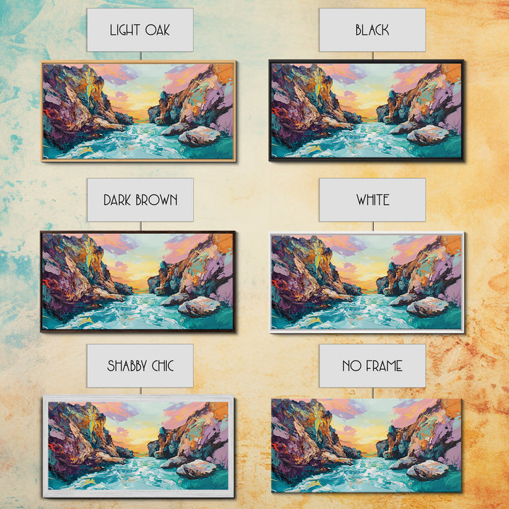 Coastal Canyon Sunset, panoramic painting, extra wide art, framed canvas print, seascape painting, southwest wall art