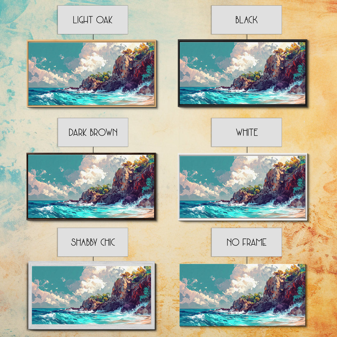 Rocky Cliff Beach, coastal landscape art, framed canvas print, seascape painting, nautical decor, extra wide art, above couch art