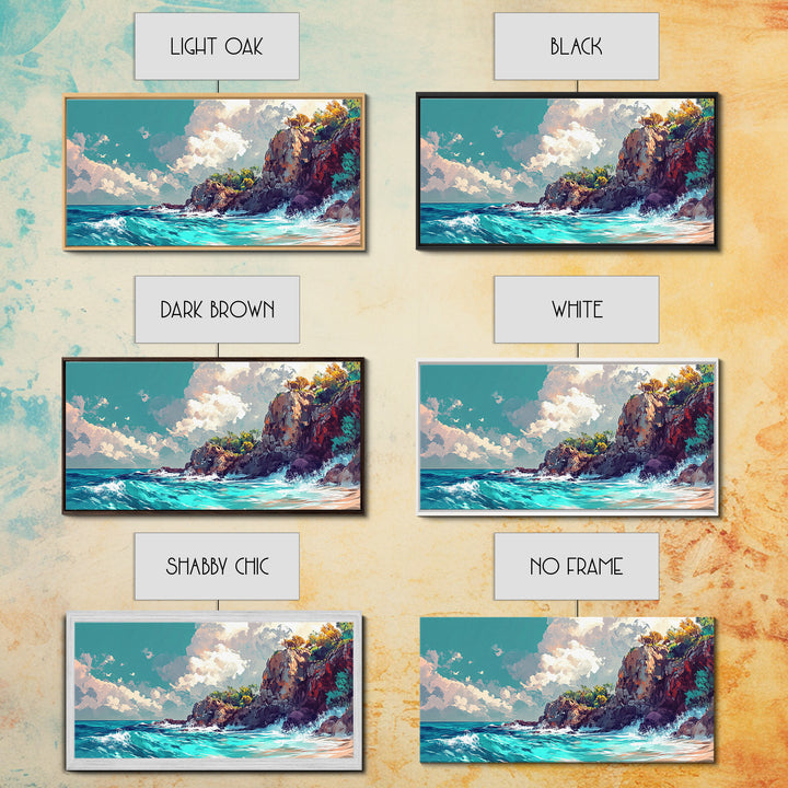 Rocky Cliff Beach, coastal landscape art, framed canvas print, seascape painting, nautical decor, extra wide art, above couch art