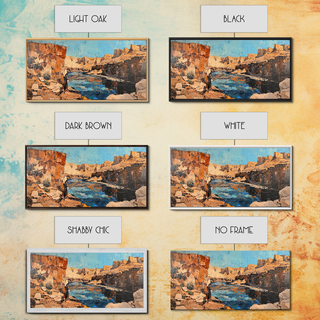 Canyon River, southwest landscape, desert cliffs, textured painting, extra wide art, panoramic art, Framed Canvas Print, rustic decor