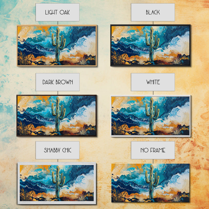 Cactus Desert Art, southwest wall art, Joshua tree art, moody art, rustic decor, extra wide art, panoramic art, Framed Canvas Print