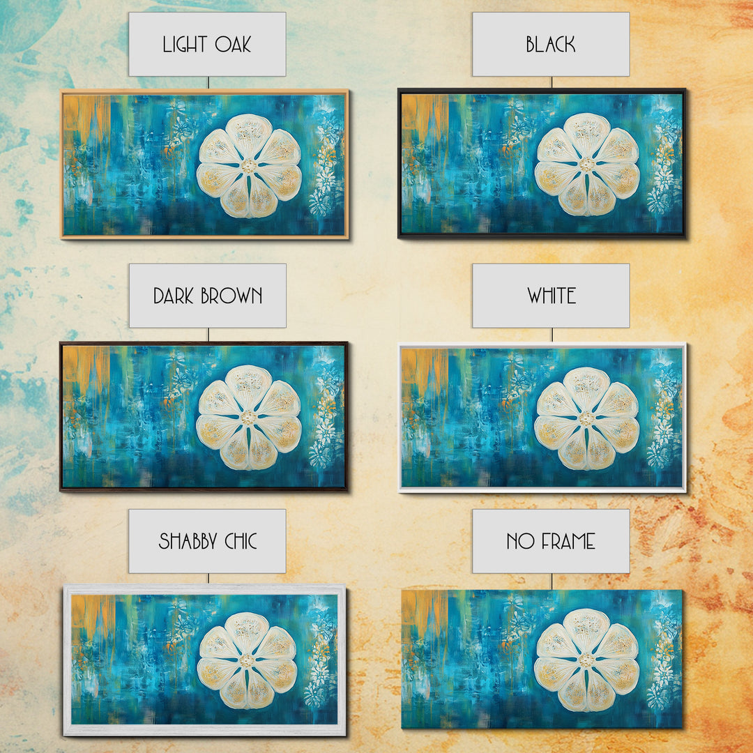 Abstract Floral, Botanical Prints, Coastal Landscape Art, Wabi Sabi Art, Framed Canvas Print, Extra Wide Art, Blue and Gold Wall Art