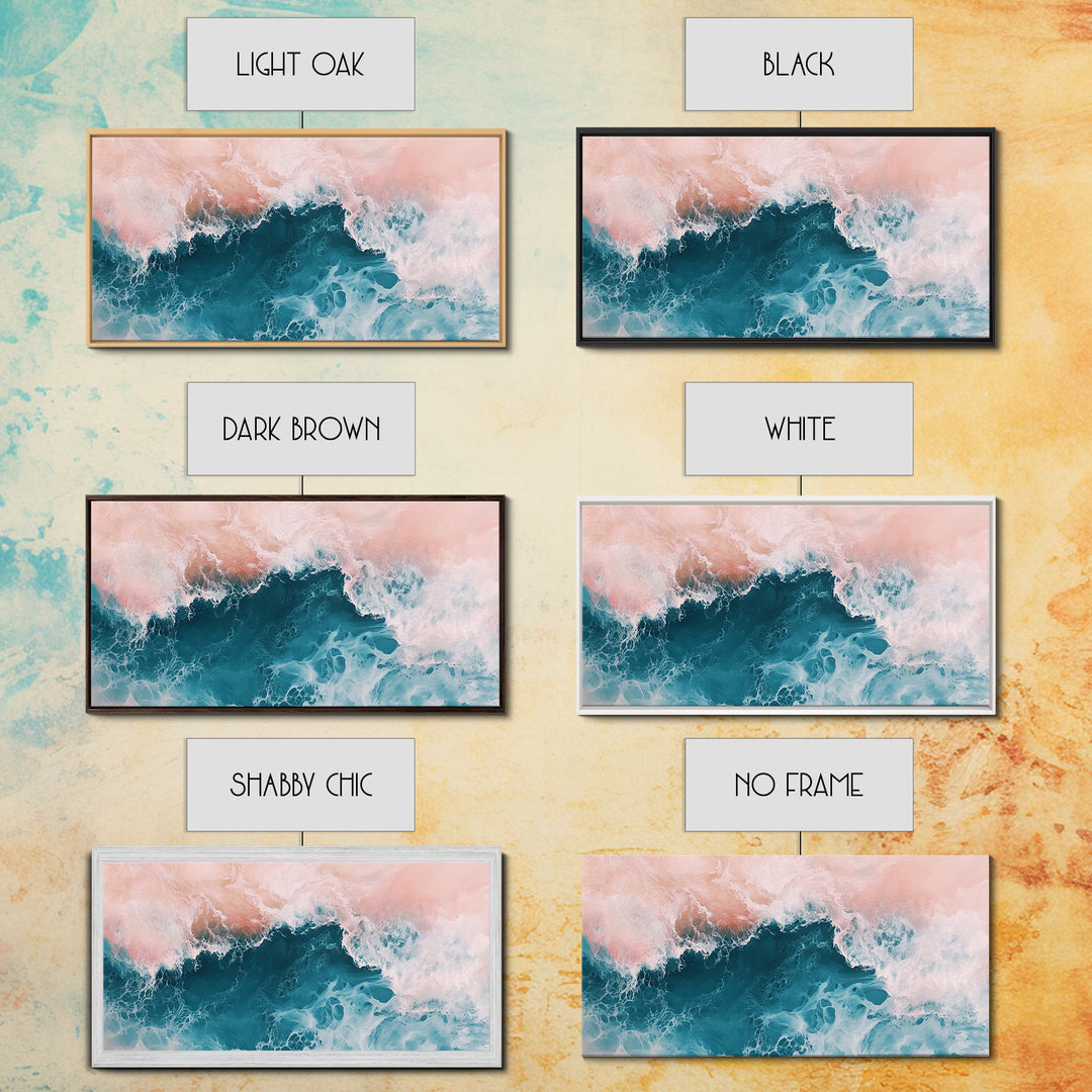 Abstract Ocean, Coastal Landscape Art, Nautical Wall Art, Framed Canvas Print, Teal and Pink Art, Surf Inspired Artwork