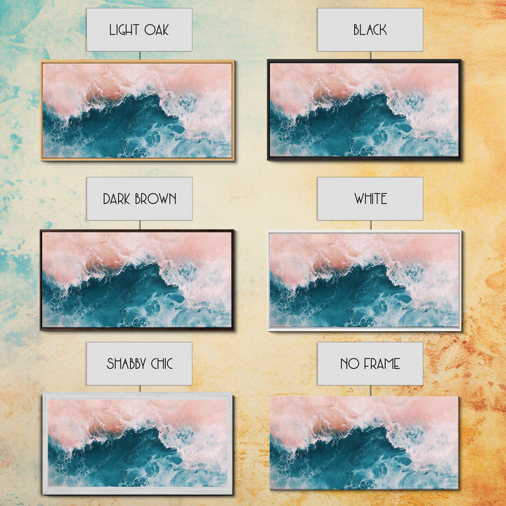 Abstract Ocean, Coastal Landscape Art, Nautical Wall Art, Framed Canvas Print, Teal and Pink Art, Surf Inspired Artwork