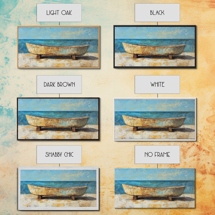Rustic Boat, Framed Canvas Print, coastal wall art, nautical decor, rustic art, extra wide painting, panoramic painting