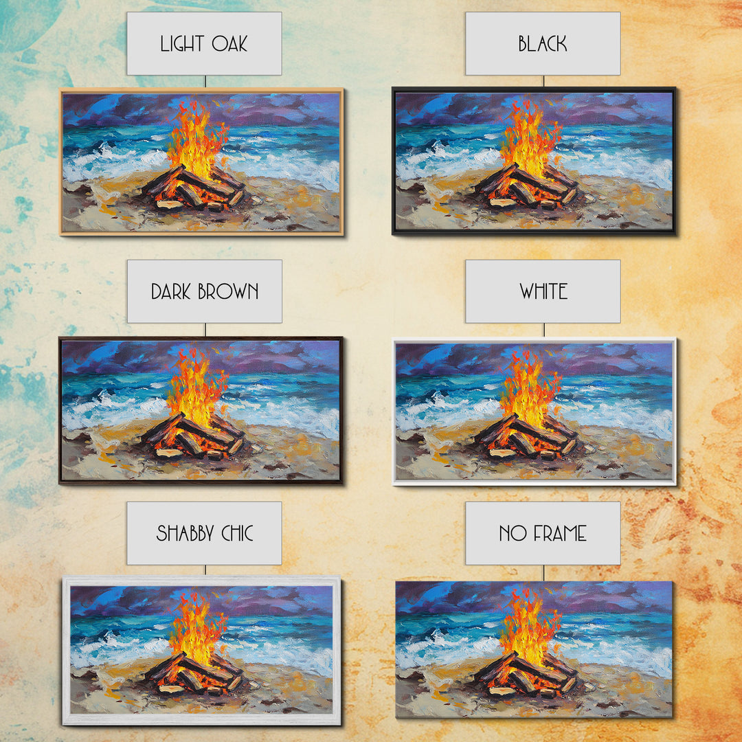 Beach bonfire, coastal decor, surf wall art, nautical painting, ocean fire, rustic wall art, horizontal wall art, canvas print, seascape