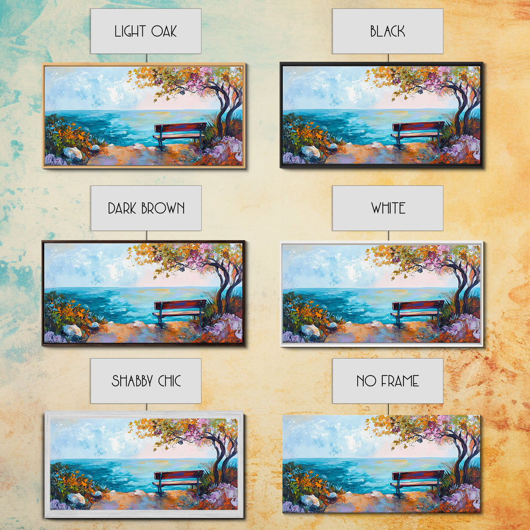 Bench, ocean view, autumn tree, Canvas Print, coastal landscape art, seascape painting, above bed wall art, extra wide art