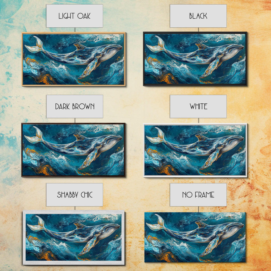 Blue whale, ocean waves, Canvas Print, whale painting, nautical decor, coastal wall art, seascape painting, extra wide art