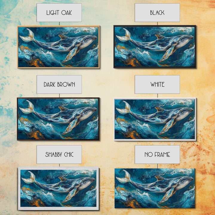 Blue whale, ocean waves, Canvas Print, whale painting, nautical decor, coastal wall art, seascape painting, extra wide art