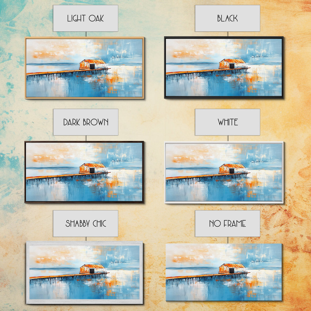 Dock, rustic barn, reflection, Canvas Print, barn landscape oil painting, coastal decor, nautical painting, panoramic art