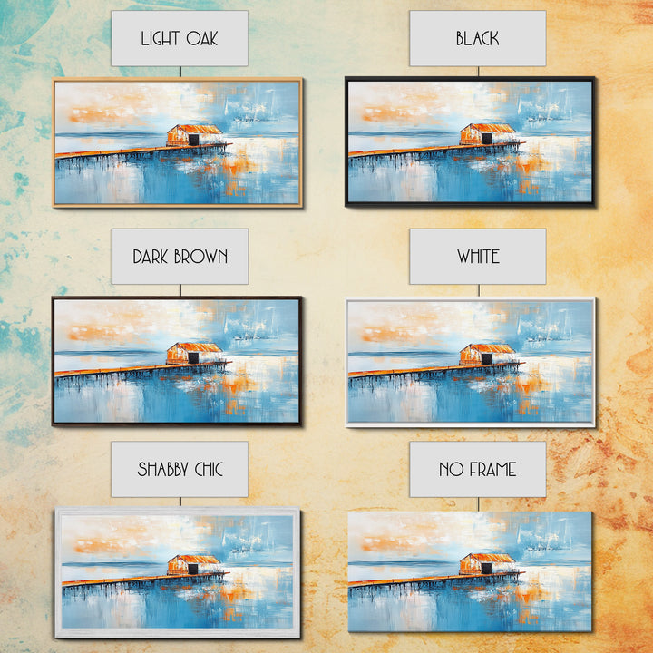 Dock, rustic barn, reflection, Canvas Print, barn landscape oil painting, coastal decor, nautical painting, panoramic art