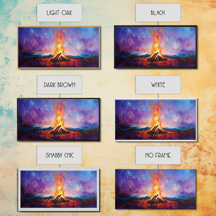 Campfire painting, rustic decor, boho art, mountain painting, cozy fire, scenic landscape, extra wide art, framed canvas print, warm glow