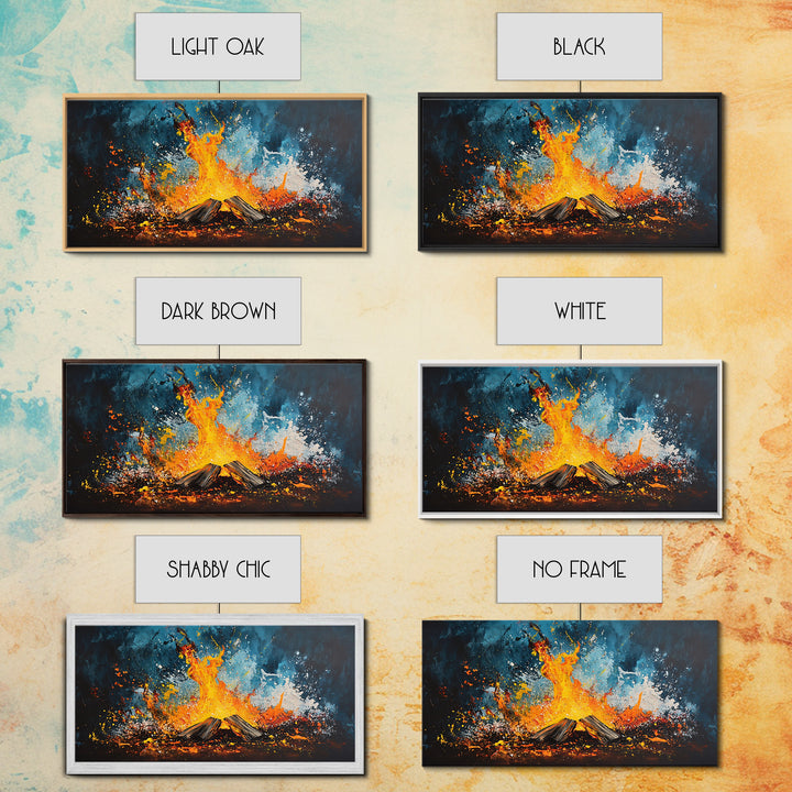 Abstract fire, moody art, geometric wall art, boho decor, flame painting, rustic wall art, extra wide art, framed canvas print, teal wall art