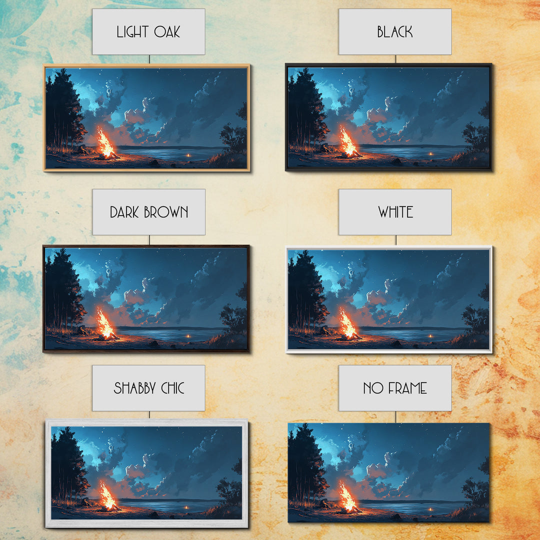 Campfire by lake, coastal decor, nautical wall art, scenic night, moody painting, extra wide art, panoramic art, canvas print, above sofa art