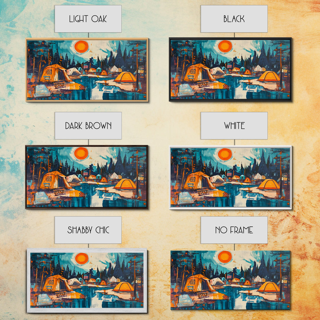 Camping painting, rustic wall art, pine tree art, mountain painting, nature lovers, warm glow, framed canvas print, wabi sabi art, moody art