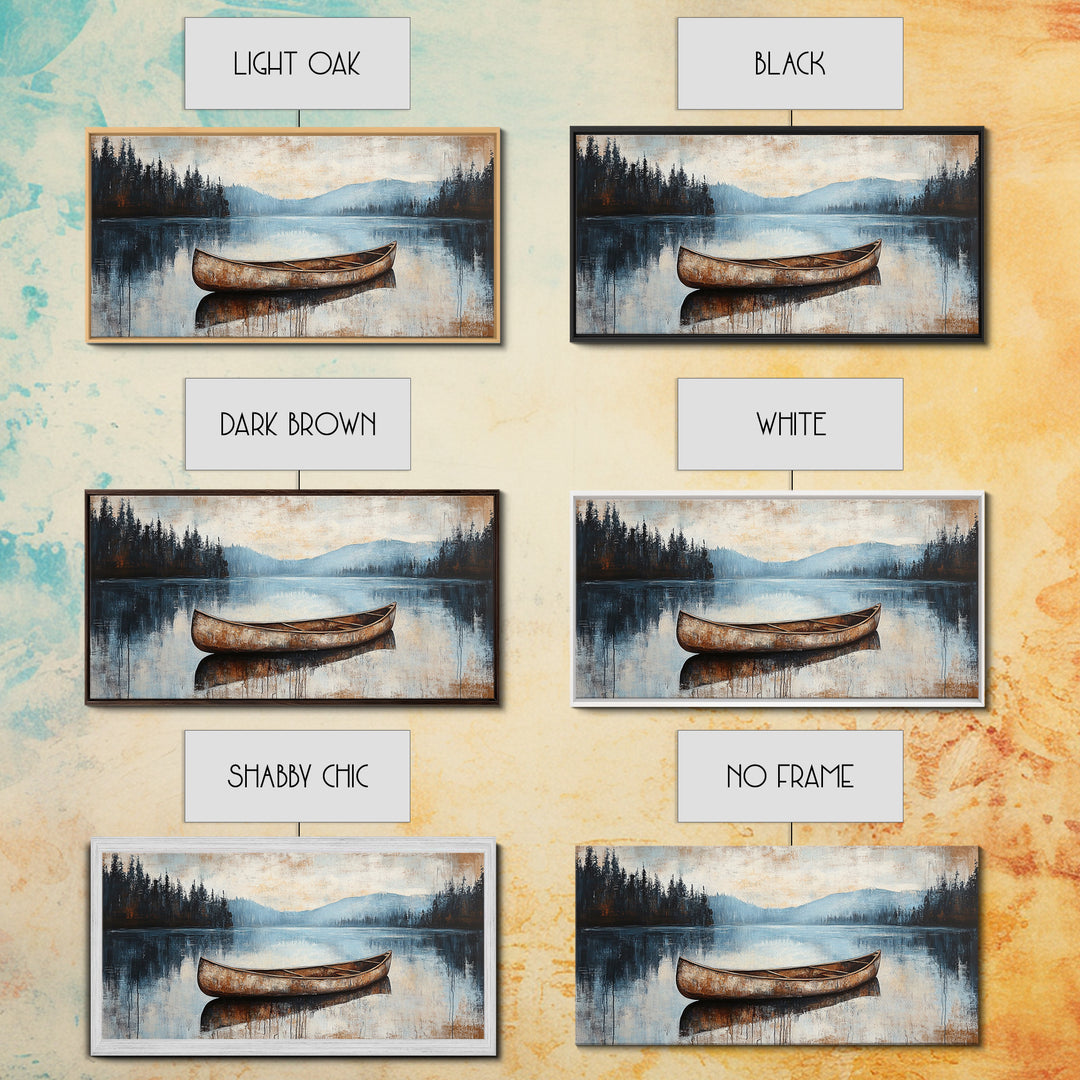 Canoe painting, lake decor, mountain painting, rustic wall art, serene landscape, farmhouse art, extra wide art, framed canvas print, nautical