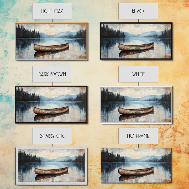 Canoe painting, lake decor, mountain painting, rustic wall art, serene landscape, farmhouse art, extra wide art, framed canvas print, nautical