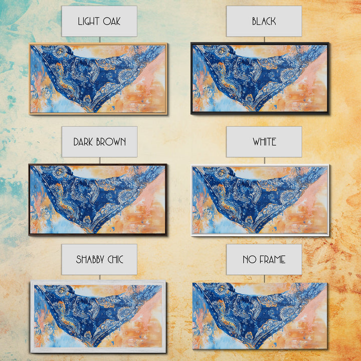 Bandana Print, Blue Wall Art, Vintage Art, Southwestern Art, Chinoiserie Wall Art, Extra Wide Art, Framed Canvas Print, Above Couch Art