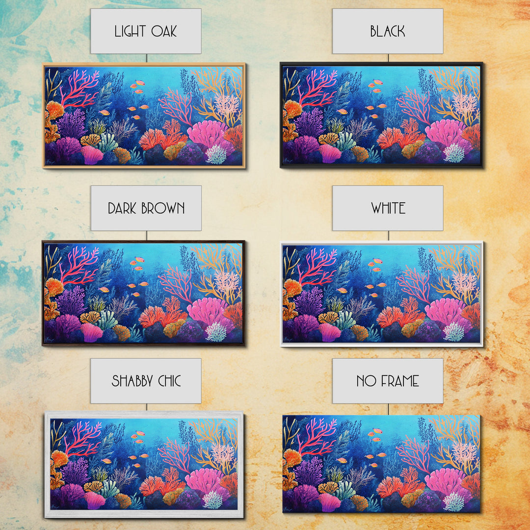 Coral Reef, ocean painting, whimsical art, koi fish painting, marine life art, vibrant wall art, coastal decor, Framed Canvas Print