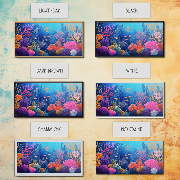 Coral Reef, ocean painting, whimsical art, koi fish painting, marine life art, vibrant wall art, coastal decor, Framed Canvas Print