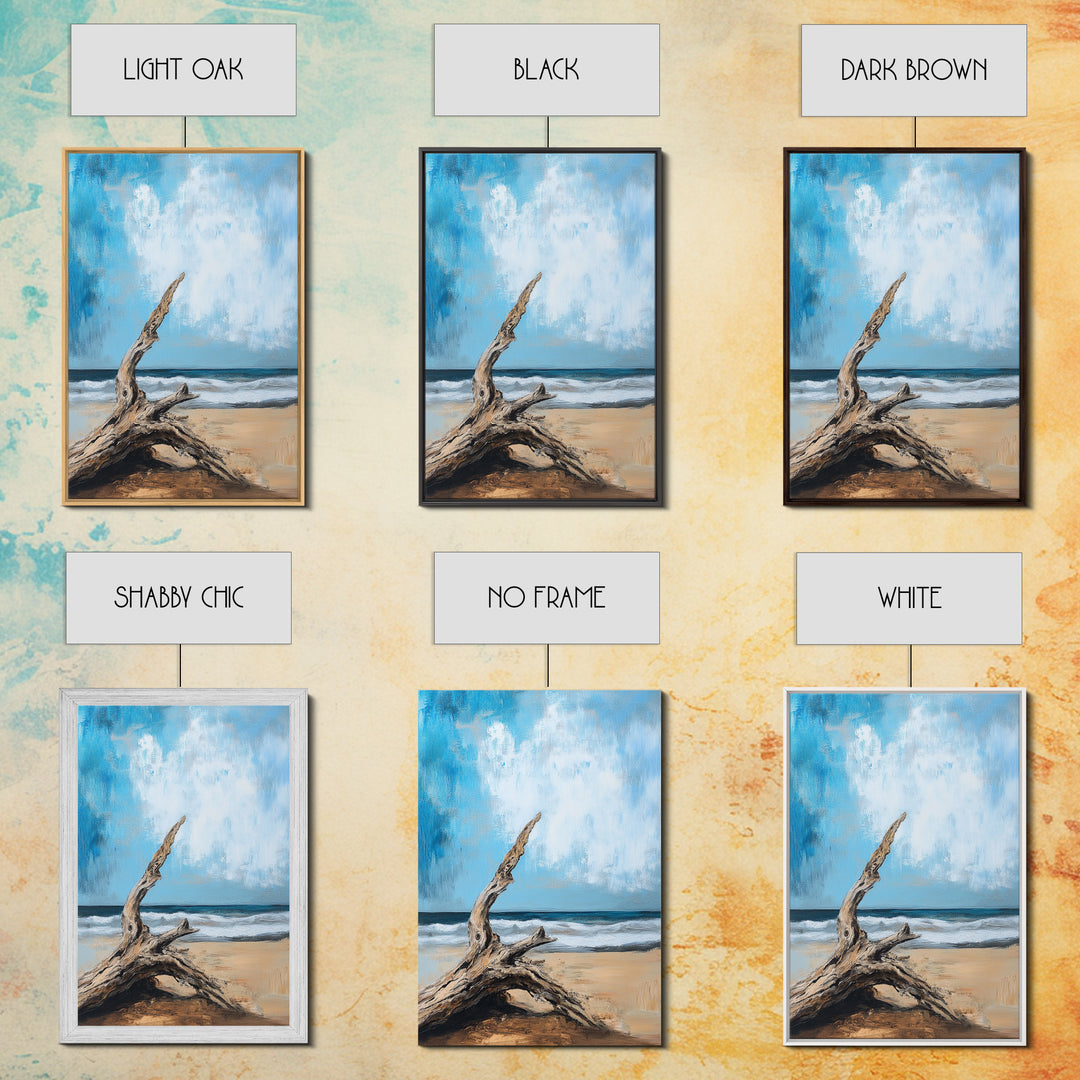 Driftwood, coastal landscape art, rustic decor, farmhouse art, framed canvas print, seascape painting, nautical decor, ocean art