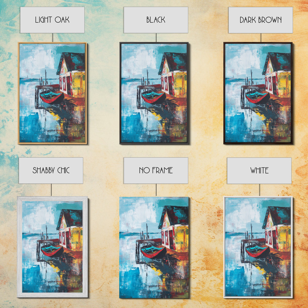 Rustic Boat Painting, Fishing Village Art, Coastal Landscape, Nautical Decor, Rustic Wall Art, Framed Canvas Print