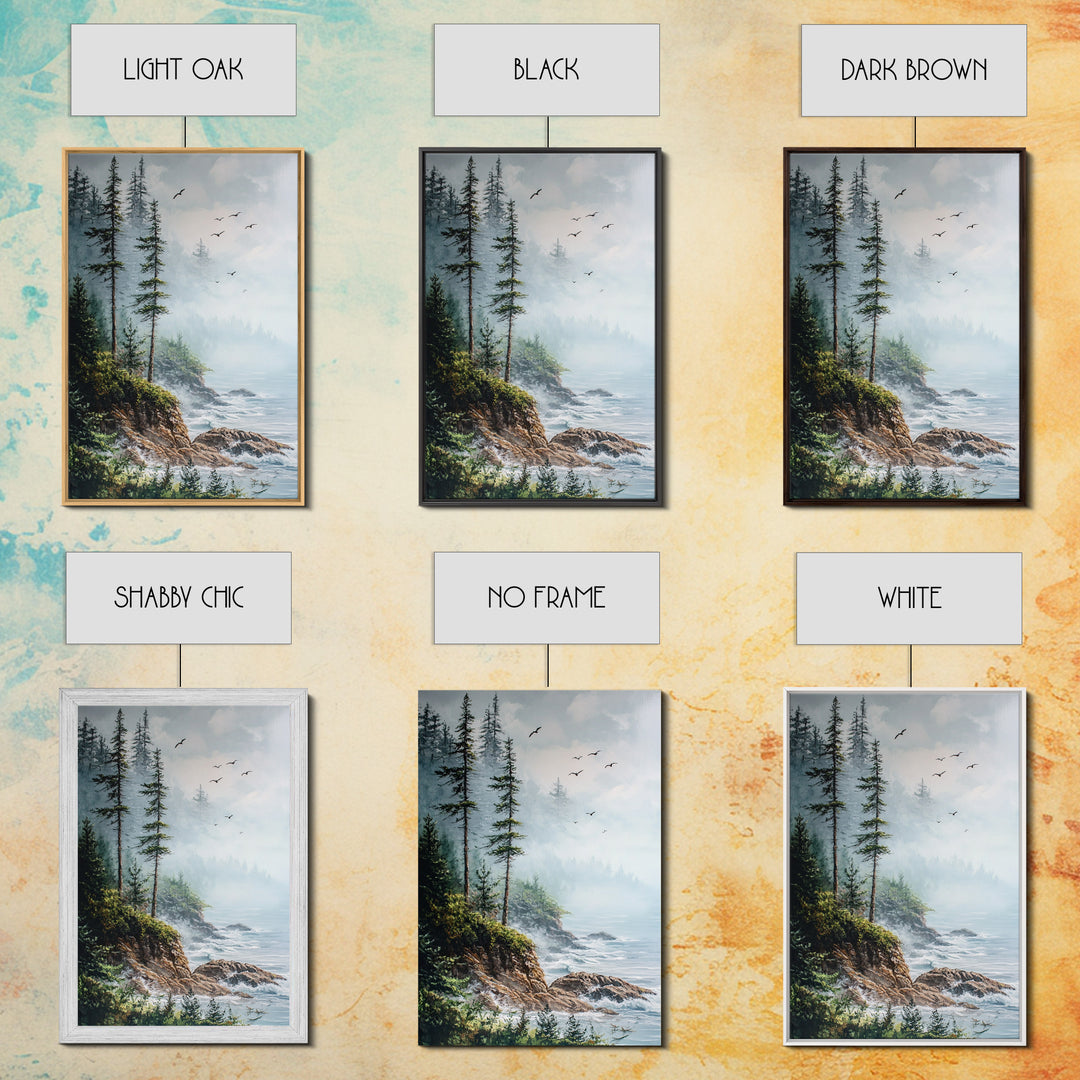 Coastal Cliff, ocean waves, pine tree art, landscape painting, coastal wall art, rustic decor, framed canvas print, nautical art