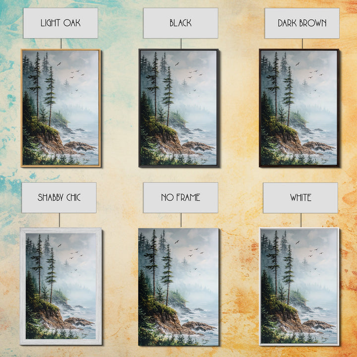 Coastal Cliff, ocean waves, pine tree art, landscape painting, coastal wall art, rustic decor, framed canvas print, nautical art
