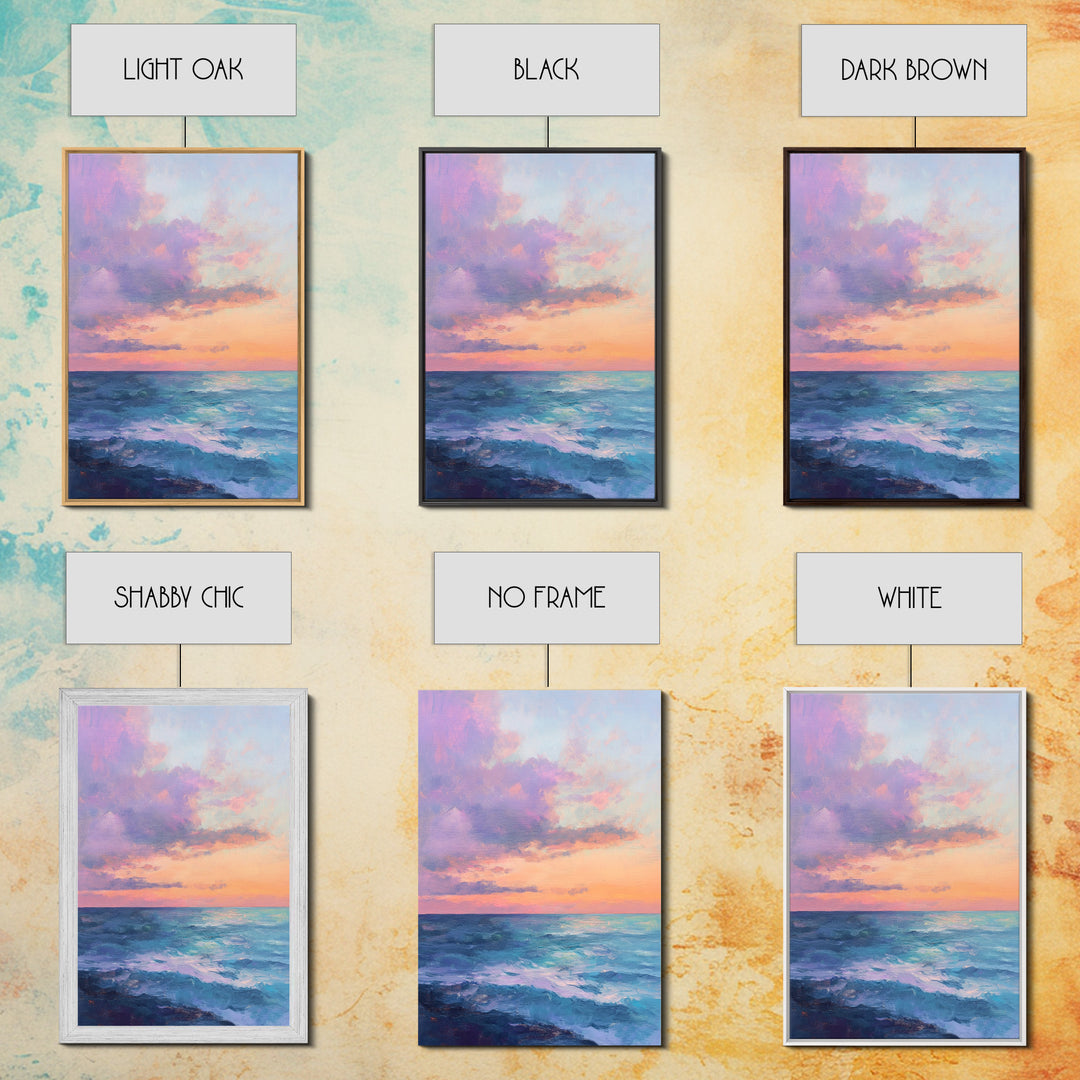 Ocean Sunset View, coastal landscape art, pink orange wall art, seascape painting, framed canvas print, bedroom art, nautical decor
