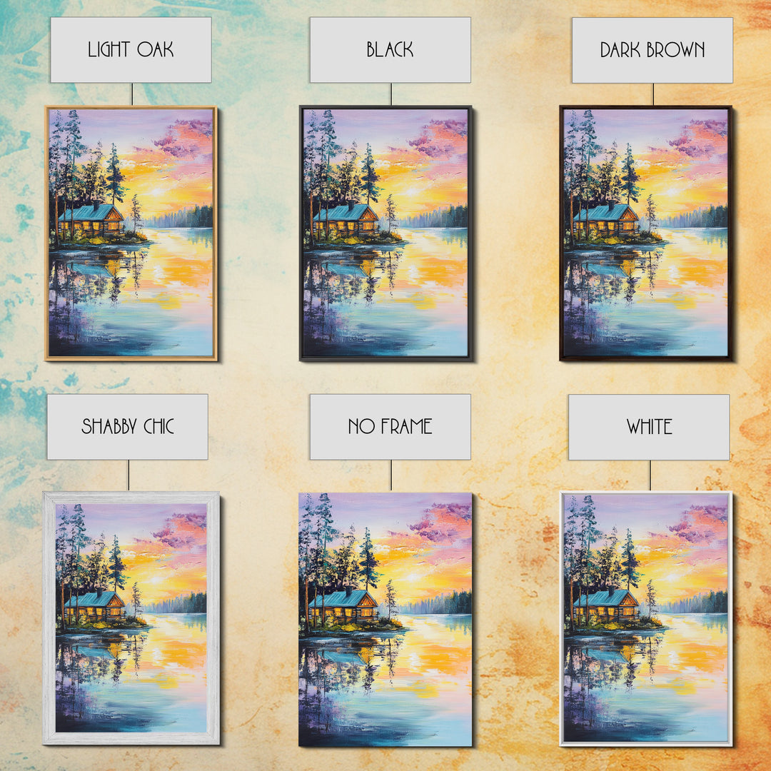Cabin, Lake, Sunset, Framed Canvas Print, landscape painting, rustic wall art, above bed wall art, pine tree art, above sofa art