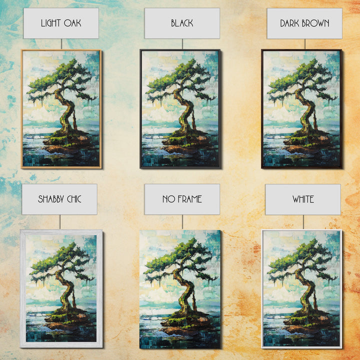 bonsai tree painting, zen wall art, coastal landscape art, blue and green wall art, wabi sabi art, Framed Canvas Print, botanical prints