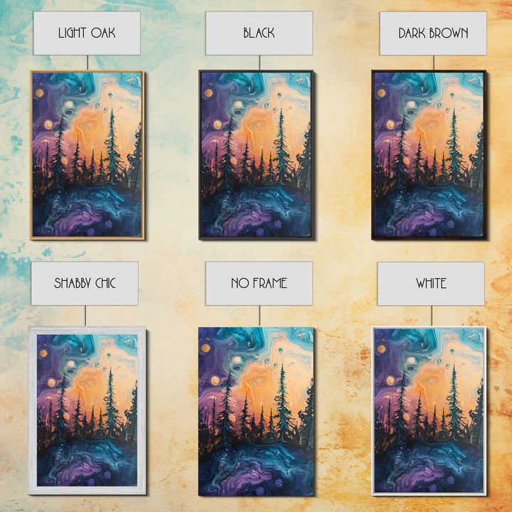 Cosmic Trees, forest at dusk painting, pine tree art, fantasy landscape, moody art, celestial wall art, mystical art, canvas print